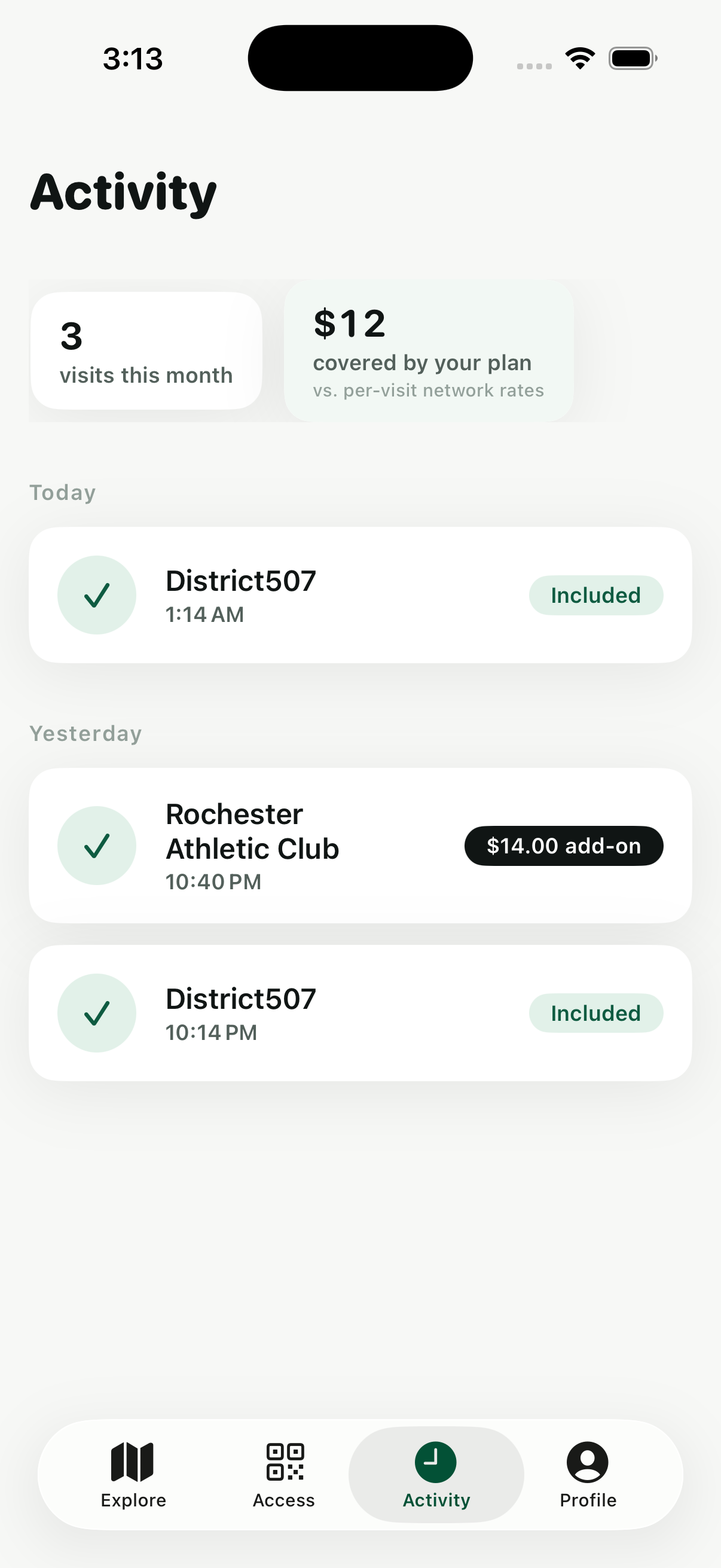 Activity feed showing included visits and add-ons