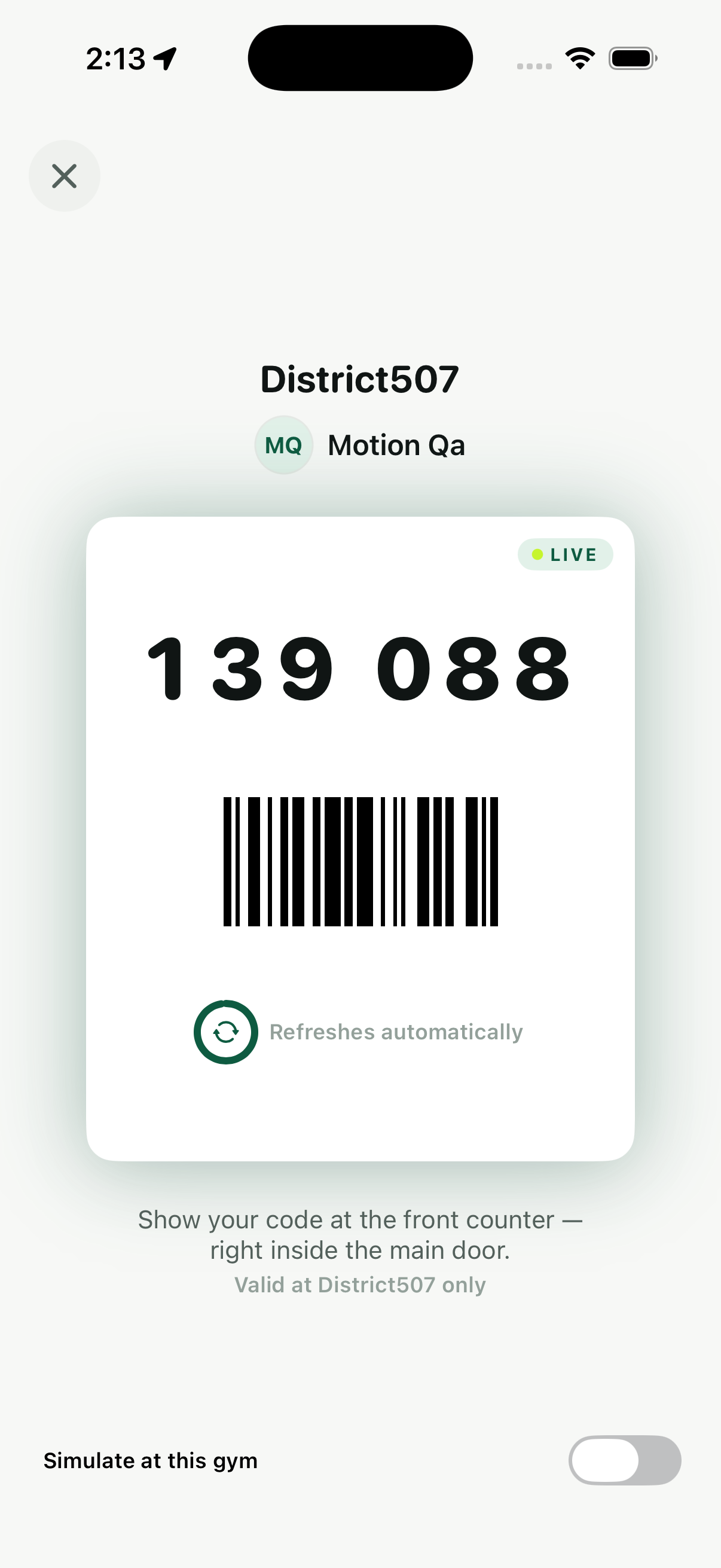 Live rotating check-in code for District507