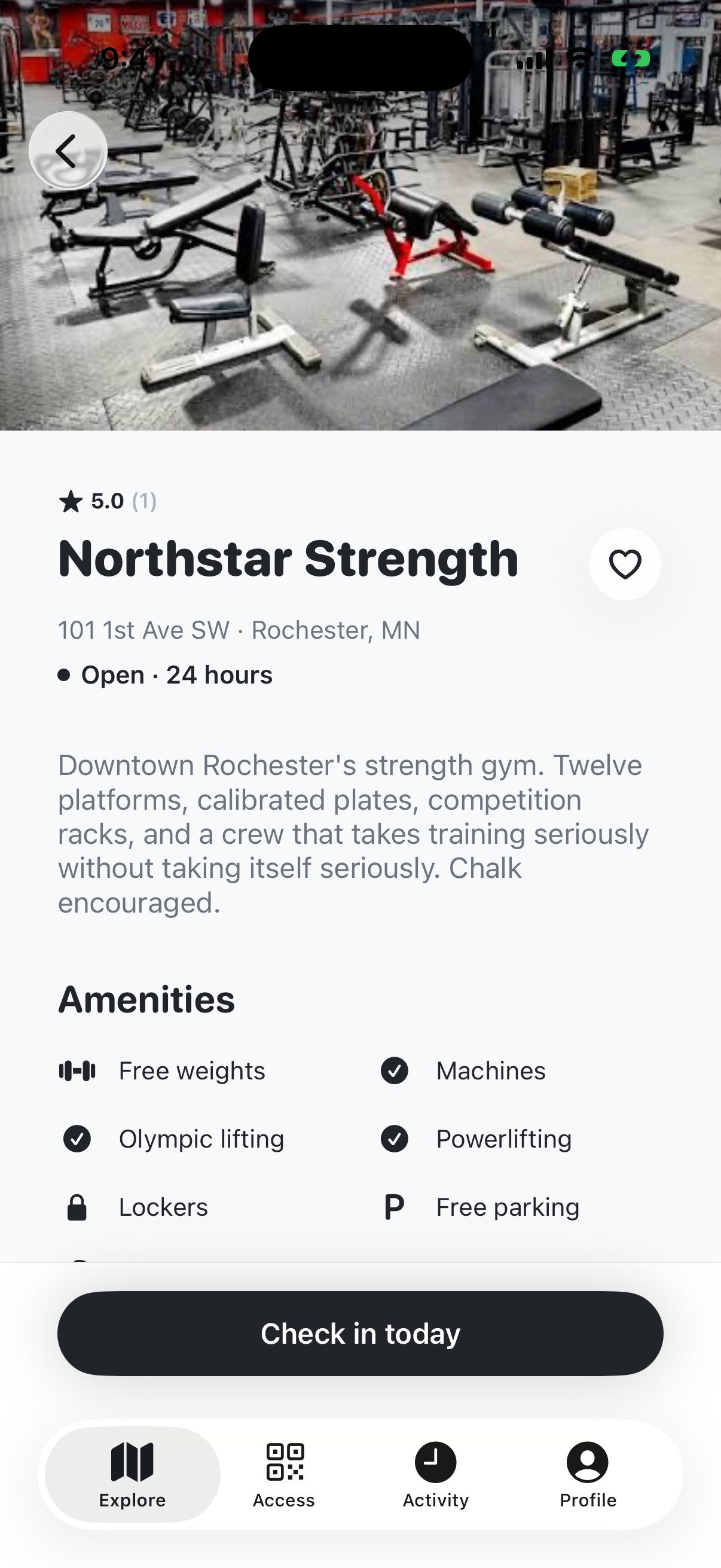 Gym profile with photos, hours, and amenities