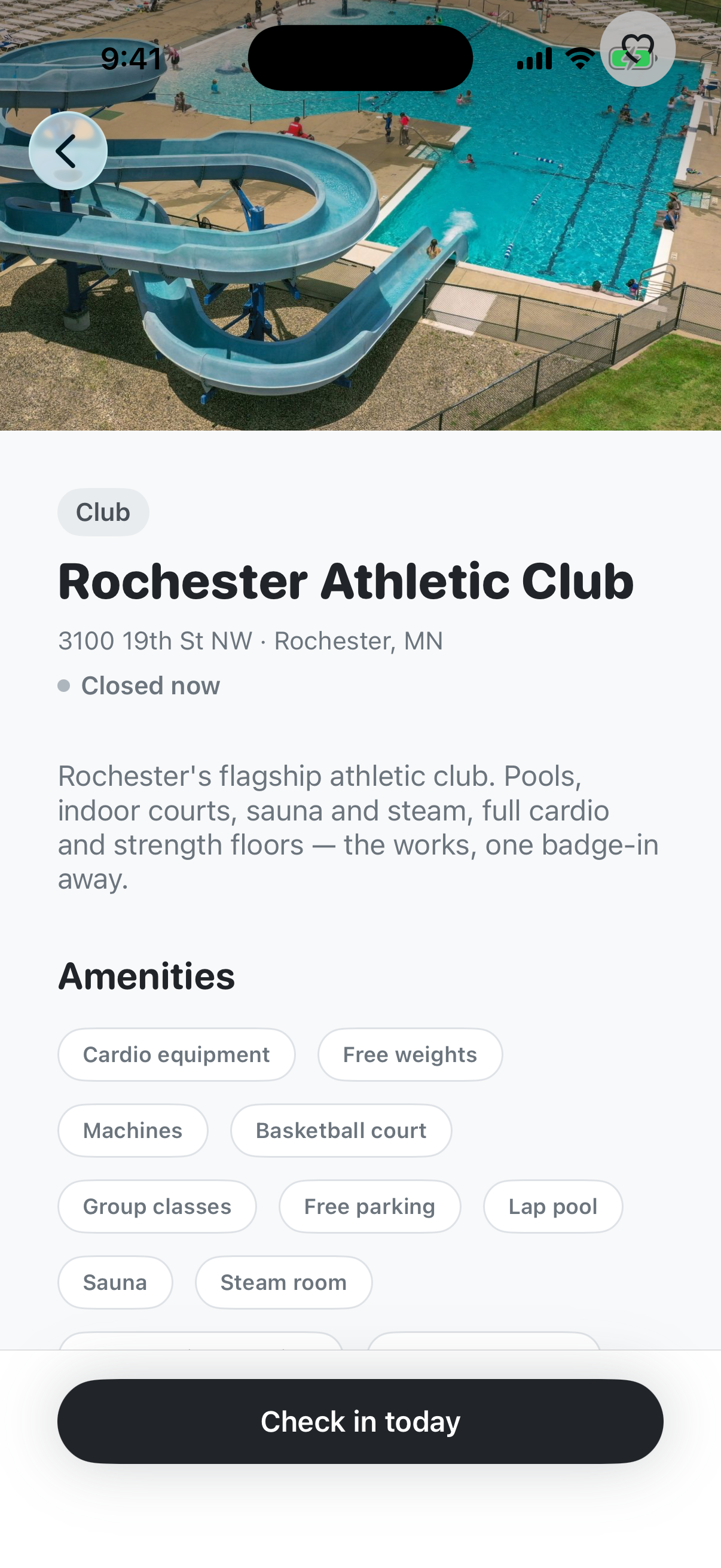 Gym profile with photos, hours, and amenities