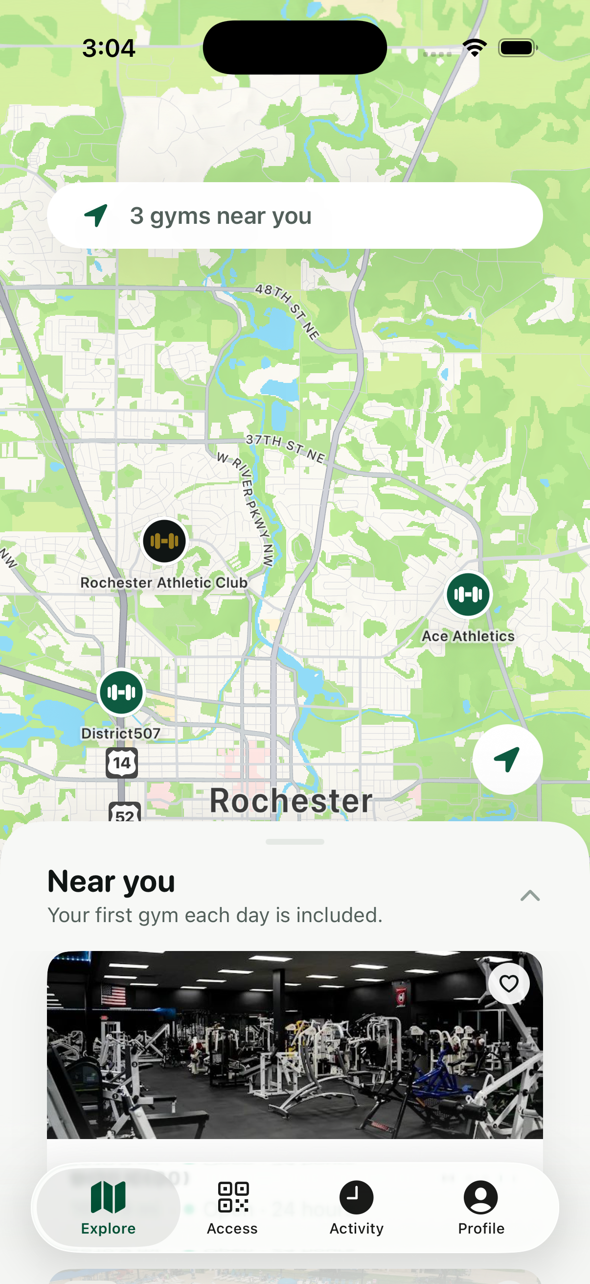 Explore map showing partner gyms across Rochester, MN